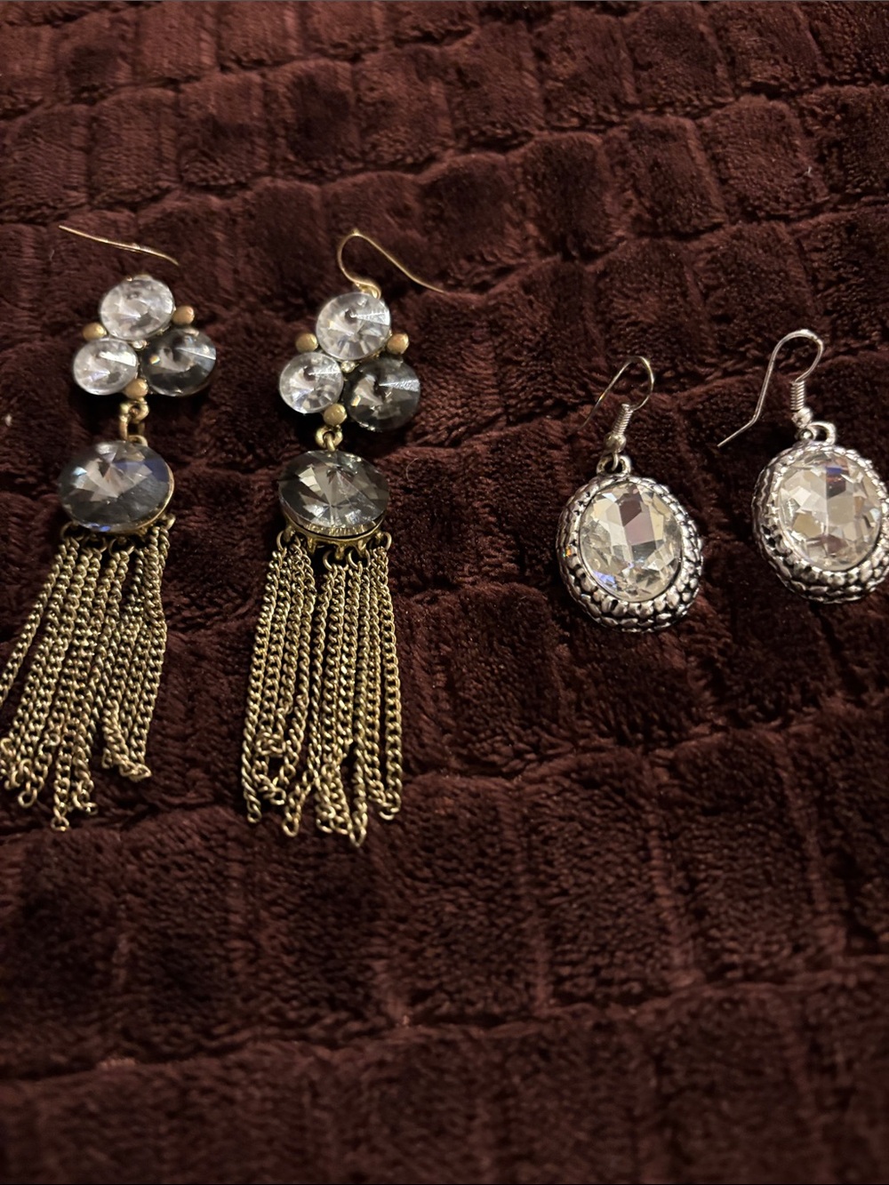 Fashion Jewelry Gold-Tone Clear Crystal Tassel & Silver Oval Drop Earrings Set